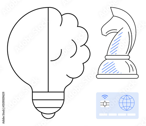 Half-brain lightbulb symbolizes innovation, chess knight represents strategy, and credit card with chip links to technology. Ideal for creativity, planning, digital solutions, business, strategy