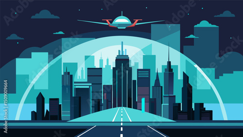 A holographic projection of a city skyline appearing in the air above an air taxi displaying the most efficient route to the desired location.. Vector illustration
