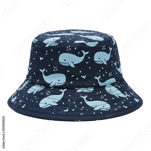Blue bucket hat with whale pattern isolated on transparent background
