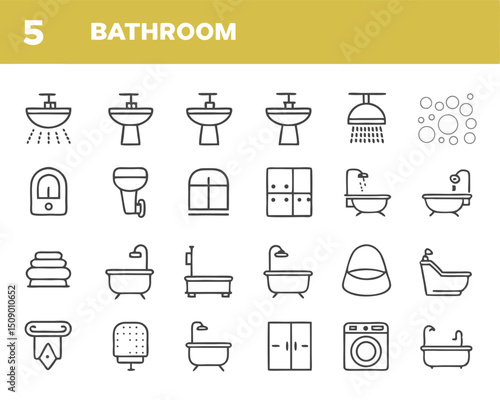 Bathroom icons set vector illustration with sink shower bathtub toilet and other bathroom elements