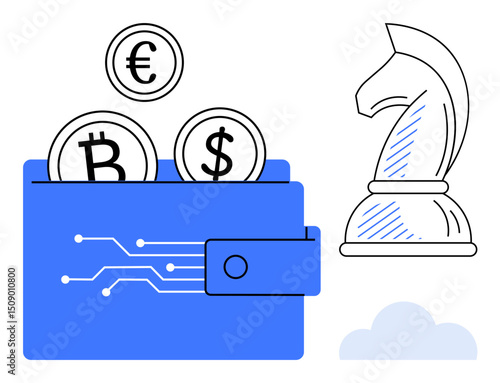 Digital wallet holding Bitcoin, Dollar, and Euro coins next to a chess knight representing strategic thinking. Ideal for cryptocurrency, blockchain, economy, savings, fintech, investments financial