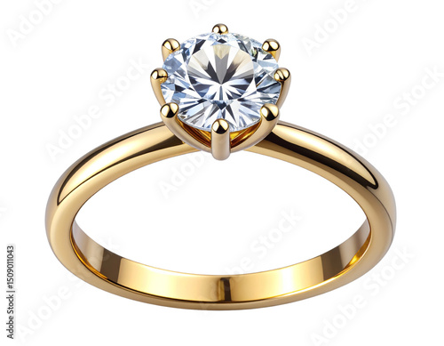 Yellow Gold Solitaire Ring with Brilliant-Cut Diamond, Transparent PNG 