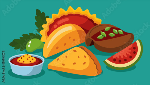 A mouthwatering assortment of empanadas featuring fillings such as tangy pulled pork zesty chorizo and tangy BBQ sauce.. Vector illustration