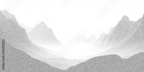 Stipple halftone illustration of layered mountain peaks with fog. Minimal grainy texture and monochrome landscape background.