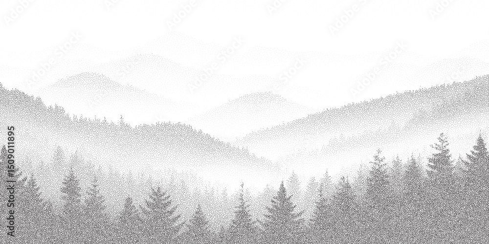 Layered stipple halftone forest with fog and pine trees. Calm minimal background with grainy mountain landscape.