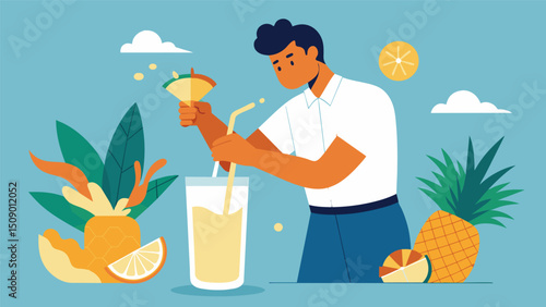 A tropicalinspired mixologist creates a refreshing drink by blending creamy coconut milk tangy pineapple and a splash of gingerinfused simple syrup.. Vector illustration