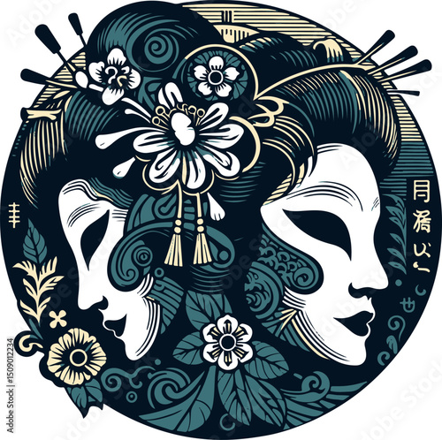 sketch vector illustration icon logo symbol silhouette woman geisha japan cultural religion ethnic classic vintage traditional
