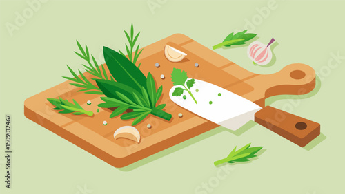 A ting board covered in chopped rosemary mint and shallots all ready to be mixed with olive oil to create a refreshing chimichurri sauce.. Vector illustration