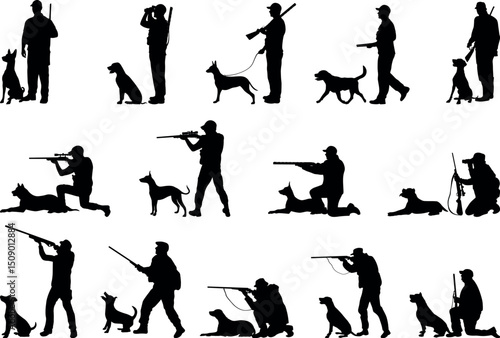 Collection of silhouettes of hunters with their dogs