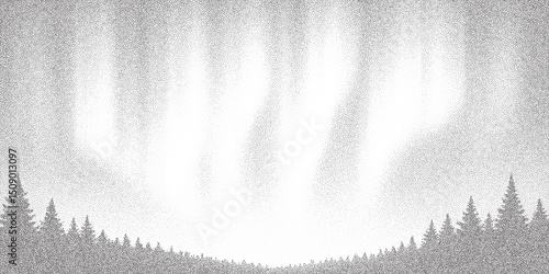 Stipple halftone forest with aurora-style light in sky. Monochrome pine trees with soft glowing rays and grainy texture.8