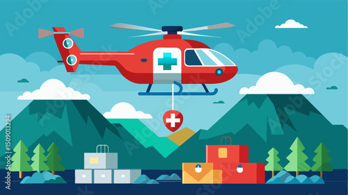 A hightech air ambulance hovers over a remote disaster zone transporting injured victims to safety with its advanced medical equipment and autonomous flight capabilities.. Vector illustration