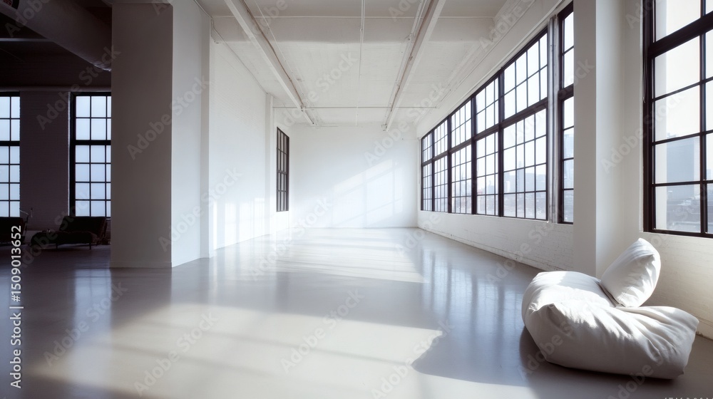 Fototapeta premium airy minimalist loft with high ceilings, industrial-style windows, minimalist furnishings, and a plain white accent wall ideal for editing