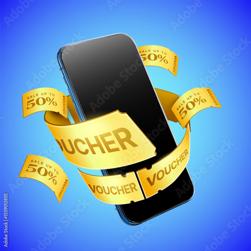 3d vouchers and coupons flying around a smartphone, isolated on gradient background. Mobile app voucher banner template in 3d vector. Vector illustration