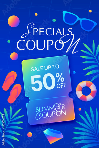 3d special summer coupon with swim glasses, lifebuoy and palm leaves around, isolated on blue background. Vacation gift voucher for resort booking service in 3d vector. Vector illustration