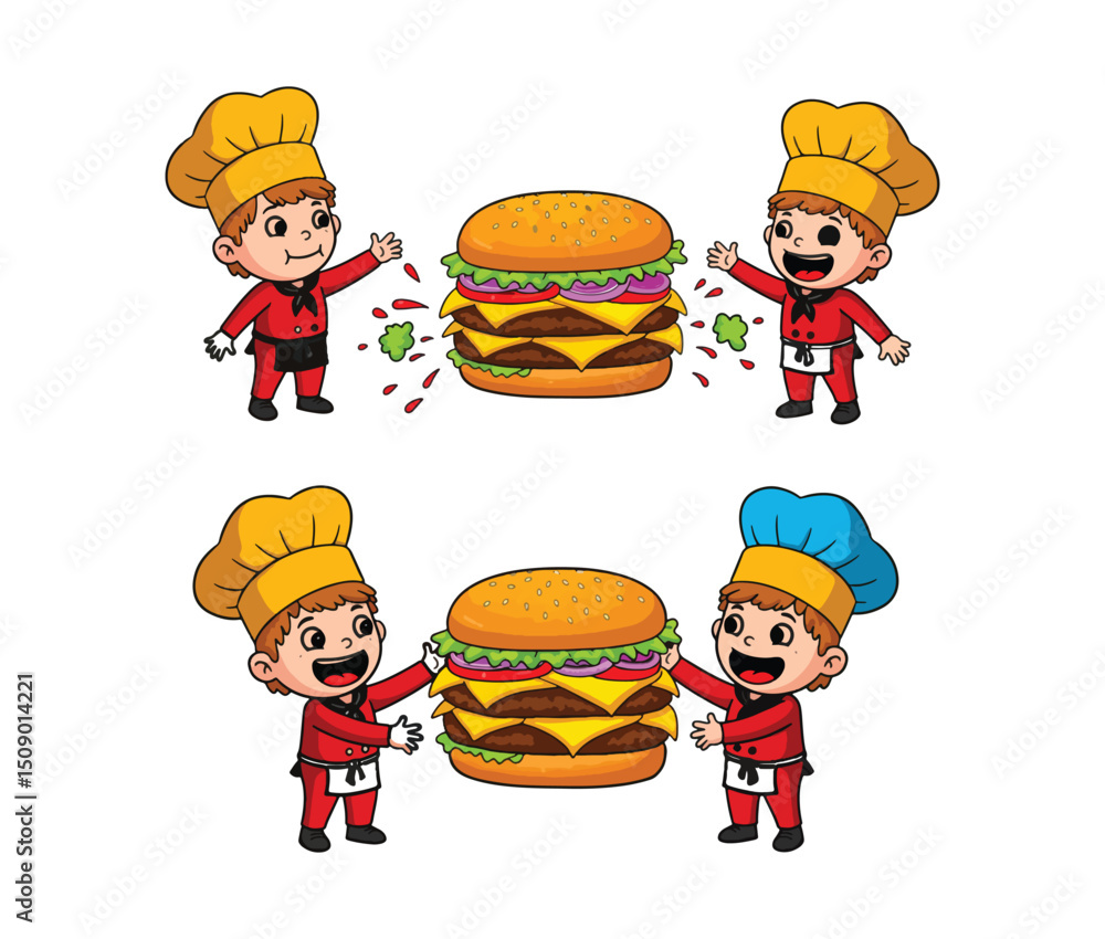 Delicious Double Cheeseburger Cartoon Illustration Chefs and Giant Burger Delicious Double Cheeseburger Cartoon Illustration Chefs and Giant Burger