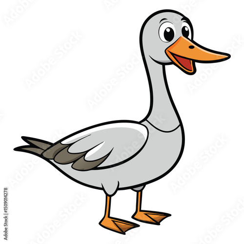 Cartoon gray goose stands smiling, featuring orange beak and feet on a white backdrop