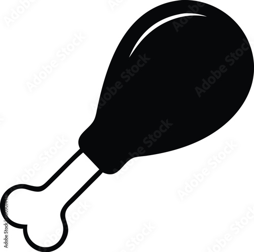Isolated black silhouette shows a delectable cooked chicken drumstick over a white background