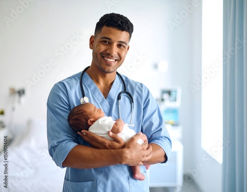 Smiling male nurse gently holds a sleeping newborn in a hospital room