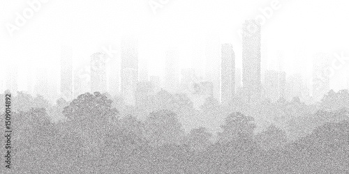 Halftone stipple cityscape with skyscrapers in fog and forest foreground. Monochrome urban silhouette with grainy texture.