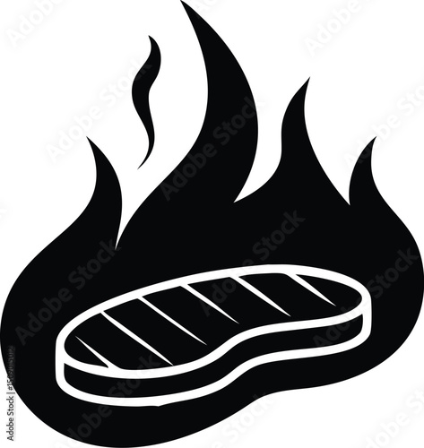 A grilled steak icon encircled by hot flames represents culinary grilling pleasure and transparent background