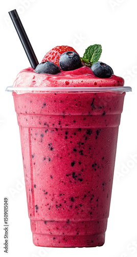 Berry smoothie drink with straw in plastic cup PNG image