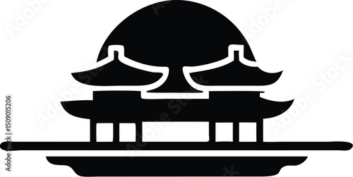 Black silhouettes of Asian pagodas sit above a rock formation with a transparent background