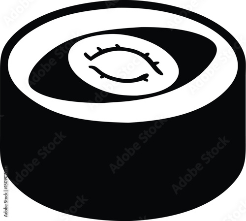 Monochrome cylindrical sushi piece shows distinct nori detail with transparent background