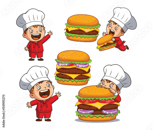Adorable Cartoon Chef and Delicious Burgers  Fun Illustrations for Kids' Food, Restaurant Menus, or Culinary Branding