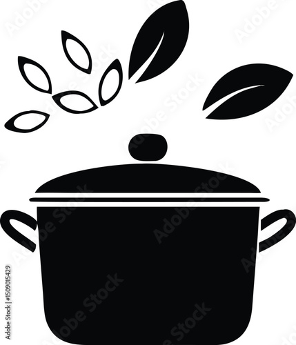 Black silhouette shows food pot with a lid and spices are floating above it