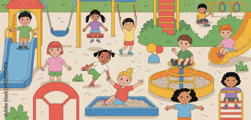 Happy Diverse Children Playing at a Colorful Playground