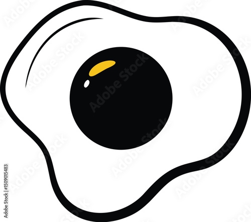 Simplified sunny side up egg with black yolk is presented on a transparent background