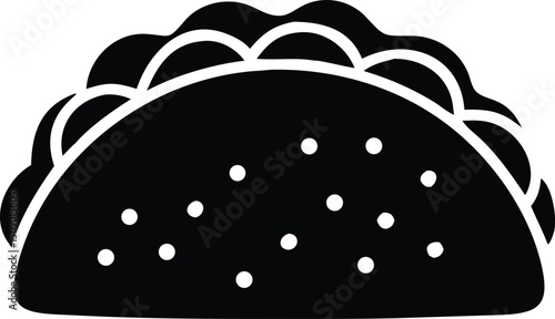 Simple black icon illustrates a delicious taco with visible toppings and fillings is isolated
