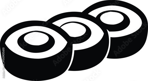 Three black maki sushi rolls are perfectly aligned against a transparent background