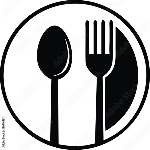 Black fork and spoon silhouette inside a circular frame presents a clear design