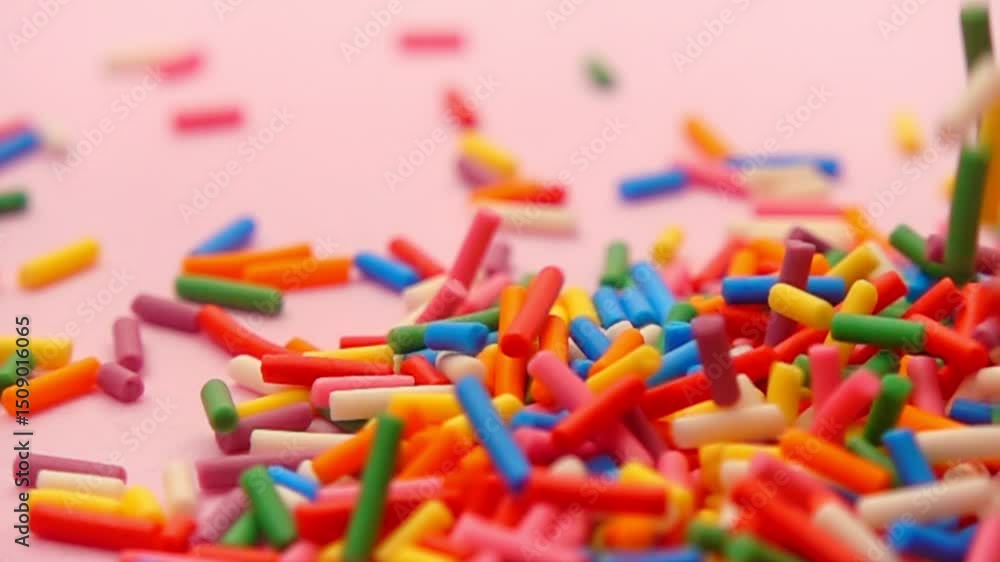 Mesmerizing slow motion sprinkles in burst of colors fall against soothing pink backdrop, ideal for creating uplifting visuals, macro Mesmerizing slow motion sprinkles in burst of colors fall against soothing pink backdrop, ideal for creating uplifting visuals, macro
