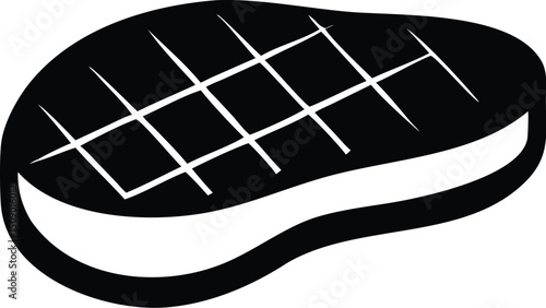 Simple black and white steak icon features visible grill marks on a transparent backdrop