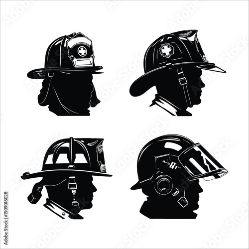 Firefighter helmet collection vector illustration black and white silhouette fireman equipment set design graphic art