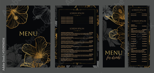 Luxurious food and drinks menu designs. Restaurant menu template. Elegant vector A4 format with high quality flowers for print and online usage. Golden hand drawn line art hibiscus illustrations.