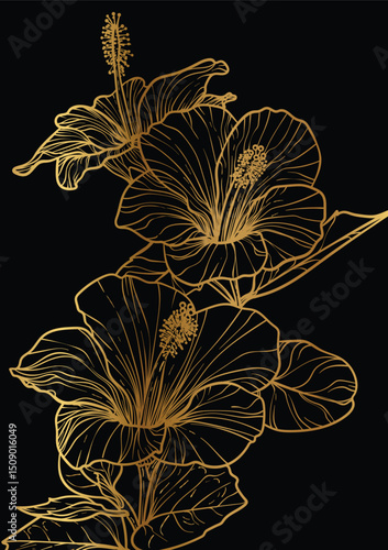 Hibiscus luxurious bouquet vector hand drawn illustration. Art print with elegant golden flower on a black background. Highly detailed and high quality graphic asset for online and print. 