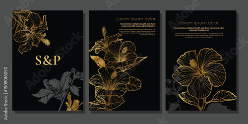 Luxury black and gold wedding A4 vector card and invitation templates. Hand drawn hibiscus flowers decorating these elegant print and online graphic assets