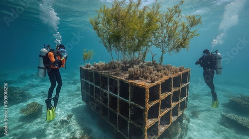 Fototapeta Naklejka Na Ścianę i Meble -  Divers tending to an underwater coral reef restoration project.