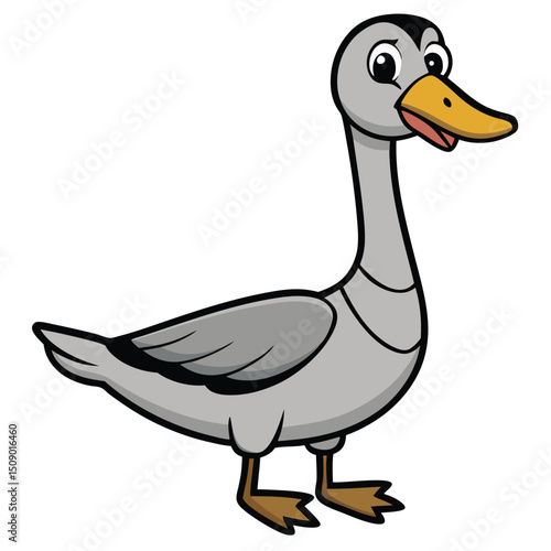Cartoon gray goose stands calmly, featuring a bright yellow beak and outlined in black