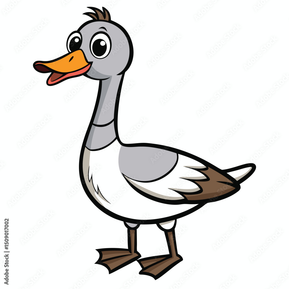 Obraz premium A grey cartoon goose is standing and looking ahead in a funny style