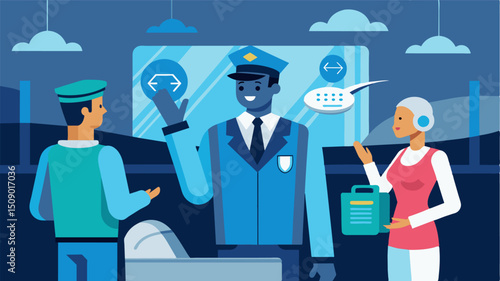 A holographic concierge providing personalized assistance to passengers from booking their air taxi to providing directions within the terminal.. Vector illustration