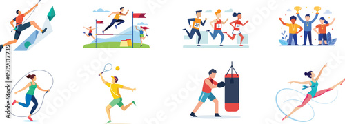 Performing various sports and athletic activities concept flat vector illustration set