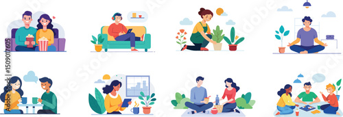 Set of people doing activities on their free time. Flat vector illustration of watching movie, drinking coffee, gardening and others