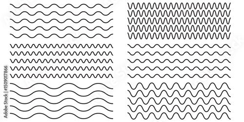 Wave line and wavy zigzag pattern lines. Vector black underlines, smooth end squiggly horizontal curvy squiggles. Set of wavy , curvy and zigzag , Criss cross horizontal lines.