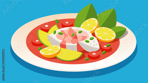 A plate of ceviche consisting of tender bites of white fish mixed with tangy lemon juice and diced tomato for a burst of flavor.. Vector illustration