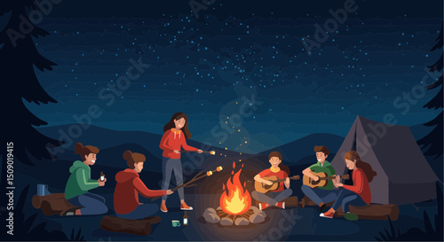 illustration of a group of friends gathered around a campfire and eating marshmallows