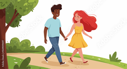 Cartoon illustration of a loving young couple walking in the park